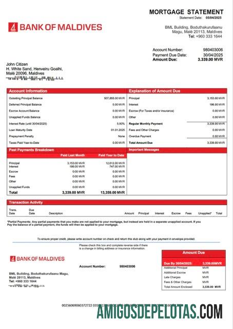 imprimível Modelo Word e PDF de extrato de hipoteca do Banco das Maldivas